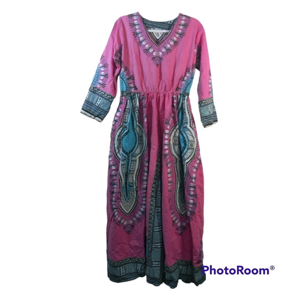 Rainbow Pink African Printed Cotton Maxi Kaftan Dress Pockets Size OSFM